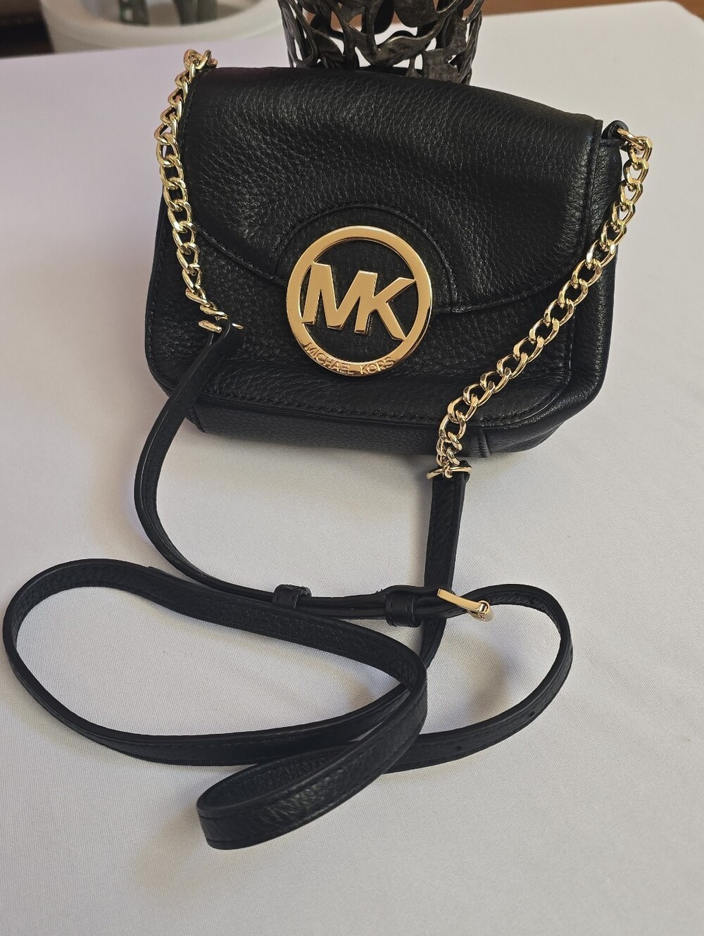Michael Kors Black Leather Crossbody with Gold MK Medallion - Picture 8 of 8